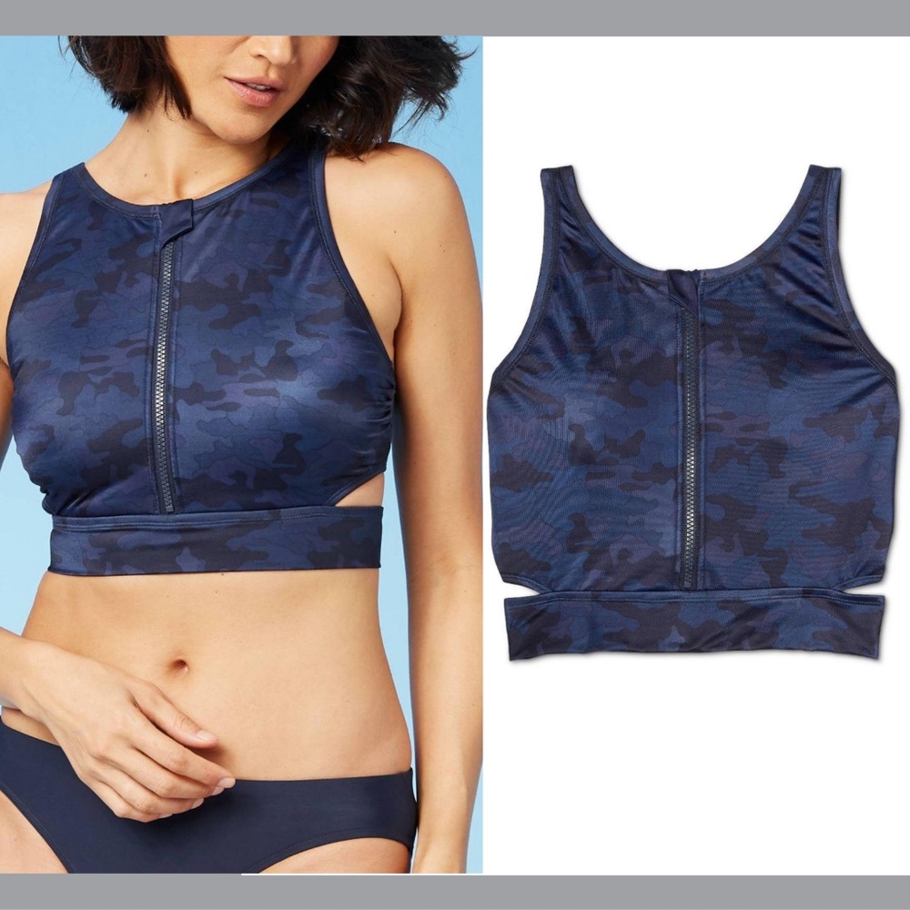 NEW All in Motion Camo Zipper Front Midi‎ Bikini Top in Navy [SZ Medium ]